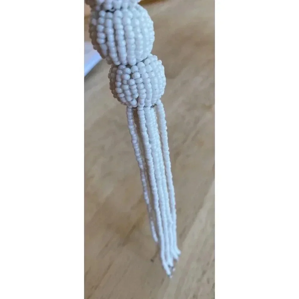 Vintage Braided White Beaded Tassel Necklace. 25” Adjustable.‎